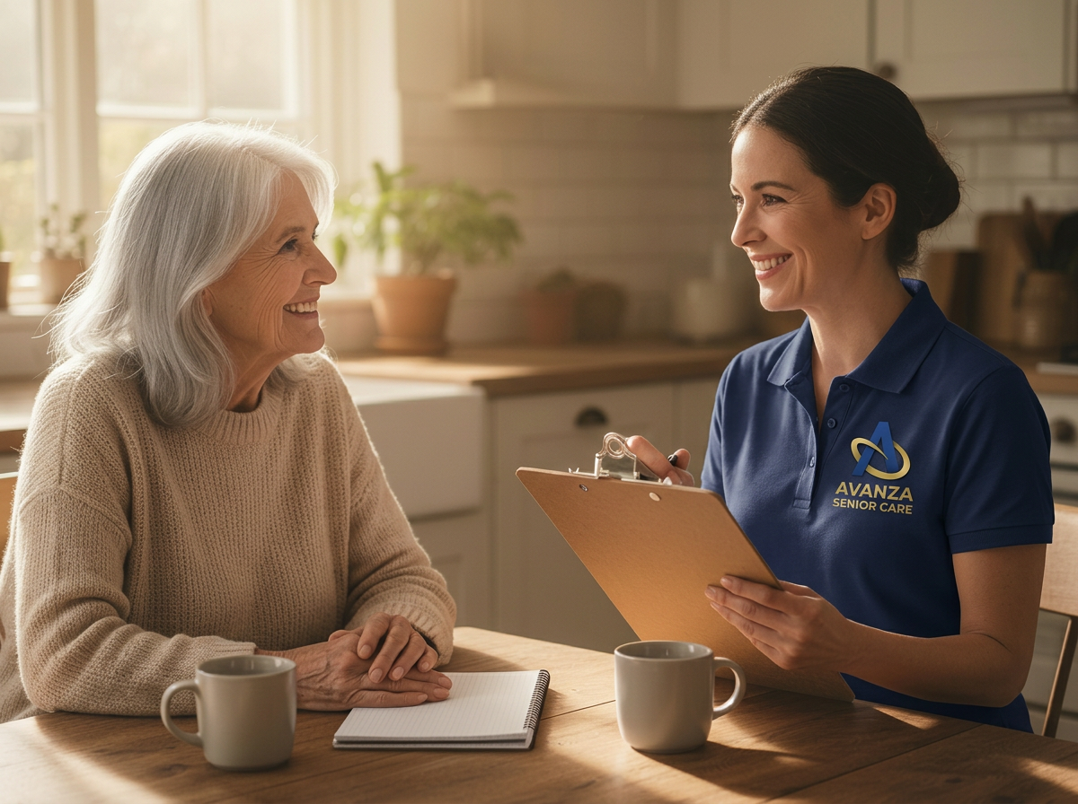 Two hands clasped warmly across a kitchen table during a home care consultation